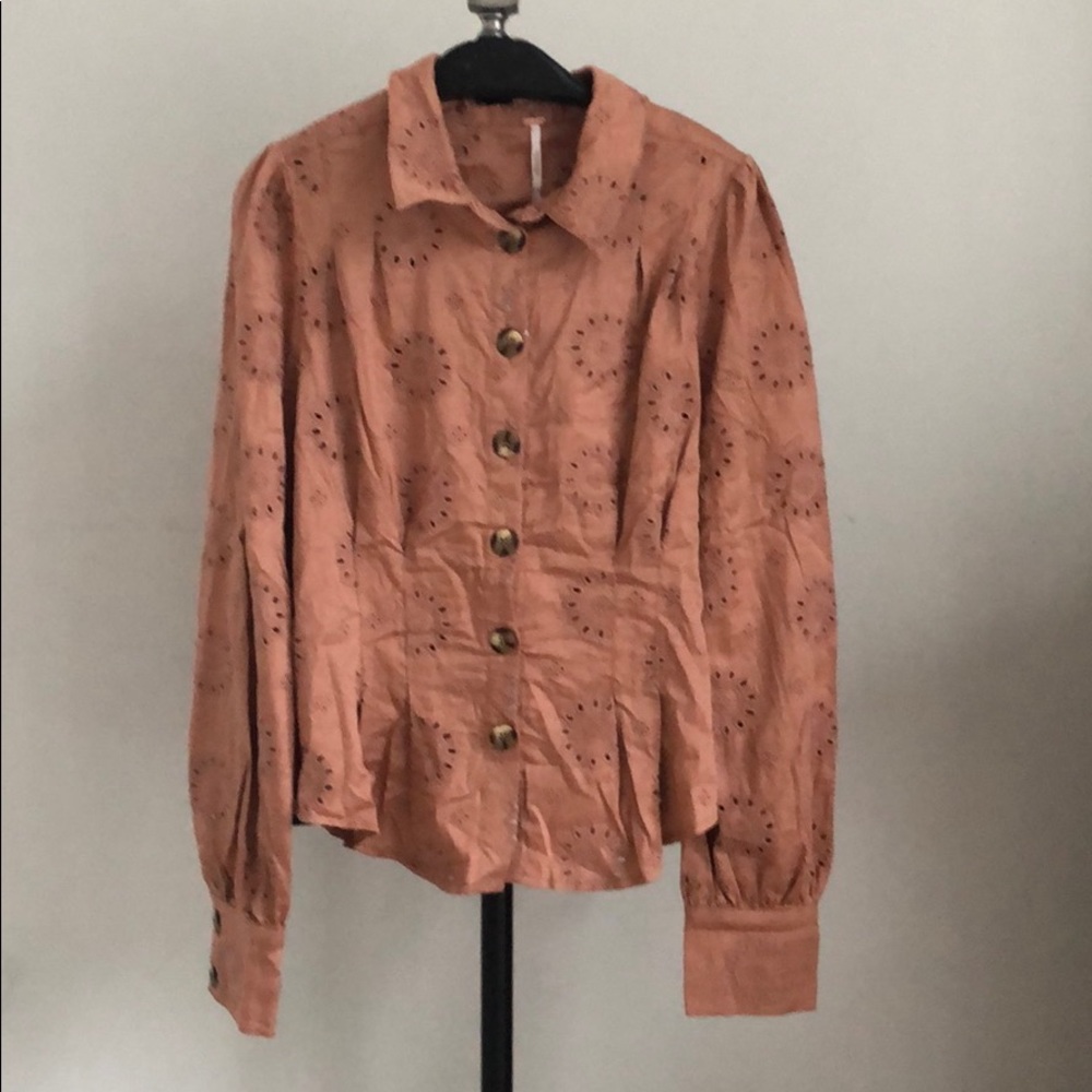 NWT! Free People Eyelet top button down coral L
